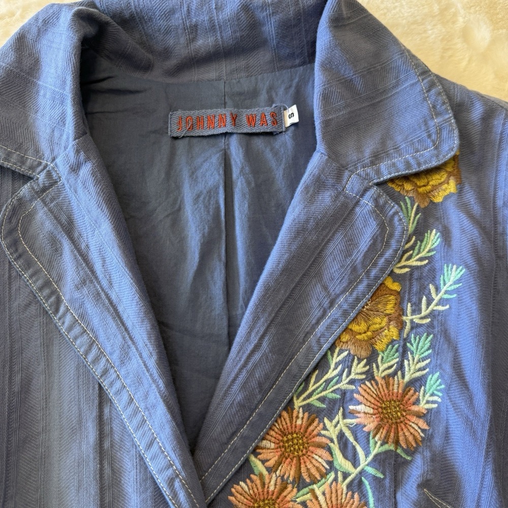 JOHNNY WAS Blue Floral Embroidered Jacket Button Small Boho Whimsy - Picture 6 of 9